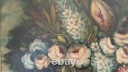 Painting Ancient Dead Nature Oil On Canvas Bouquet Flowers Golden Frame Xvith