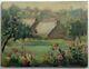 Painting Ancient Impressionist Oil On Canvas Landscape Village Flowers Early 20th Century