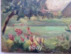 Painting Ancient Impressionist Oil On Canvas Landscape Village Flowers Early 20th Century