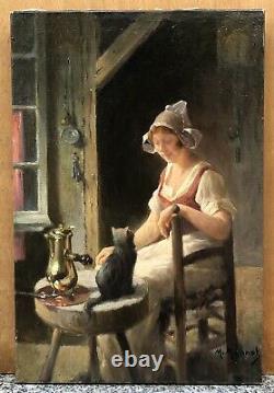 Painting Ancient Oil Maurice Monnot Scene Portrait Cat Chocolate Interior