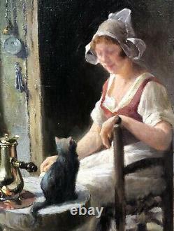 Painting Ancient Oil Maurice Monnot Scene Portrait Cat Chocolate Interior