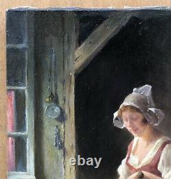 Painting Ancient Oil Maurice Monnot Scene Portrait Cat Chocolate Interior