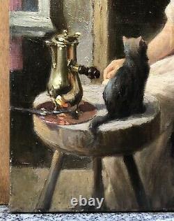Painting Ancient Oil Maurice Monnot Scene Portrait Cat Chocolate Interior