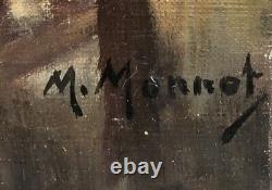 Painting Ancient Oil Maurice Monnot Scene Portrait Cat Chocolate Interior