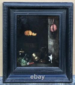 Painting Ancient Oil Norbert Goeneutte Nature Dead Kitchen Vegetables Tonneau Cat