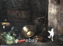 Painting Ancient Oil Norbert Goeneutte Nature Dead Kitchen Vegetables Tonneau Cat