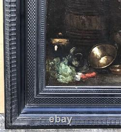 Painting Ancient Oil Norbert Goeneutte Nature Dead Kitchen Vegetables Tonneau Cat