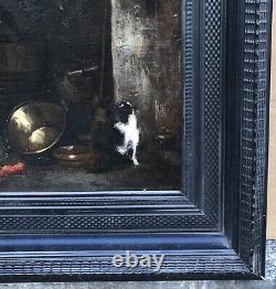 Painting Ancient Oil Norbert Goeneutte Nature Dead Kitchen Vegetables Tonneau Cat