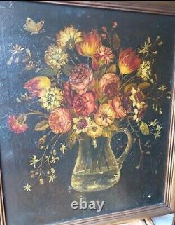 Painting Ancient Oil On Canvas Dead Nature Flower Bouquet Xixth