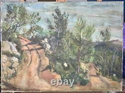 Painting Ancient Oil On Canvas Landscape Mountain Road Francis Tailleux 1940