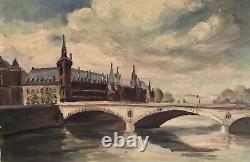 Painting Ancient Oil On Canvas Seine River Paris Pont Napoléon C. Menehould