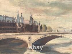 Painting Ancient Oil On Canvas Seine River Paris Pont Napoléon C. Menehould