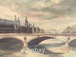 Painting Ancient Oil On Canvas Seine River Paris Pont Napoléon C. Menehould