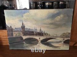 Painting Ancient Oil On Canvas Seine River Paris Pont Napoléon C. Menehould