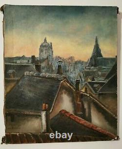 Painting Ancient Oil On Canvas Signed René Bellanger Roofs Sunrise Paris