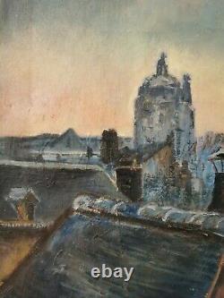 Painting Ancient Oil On Canvas Signed René Bellanger Roofs Sunrise Paris