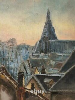 Painting Ancient Oil On Canvas Signed René Bellanger Roofs Sunrise Paris