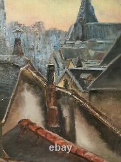 Painting Ancient Oil On Canvas Signed René Bellanger Roofs Sunrise Paris