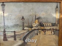 Painting Ancient Oil On Canvas The Port Anvers Boat Signed Jules Mignon XIX Eme