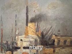 Painting Ancient Oil On Canvas The Port Anvers Boat Signed Jules Mignon XIX Eme