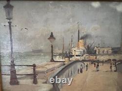 Painting Ancient Oil On Canvas The Port Anvers Boat Signed Jules Mignon XIX Eme