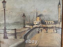 Painting Ancient Oil On Canvas The Port Anvers Boat Signed Jules Mignon XIX Eme