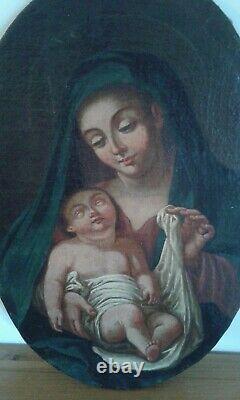 Painting Ancient Oil On Canvas The Virgin And The Child. Late 18th Century