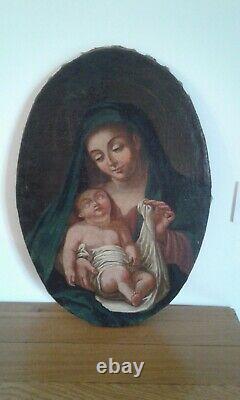 Painting Ancient Oil On Canvas The Virgin And The Child. Late 18th Century
