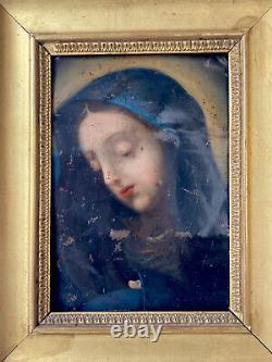 Painting Ancient Oil On Copper Portrait Virgin Mary Mater Dolorosa Religion