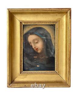 Painting Ancient Oil On Copper Portrait Virgin Mary Mater Dolorosa Religion