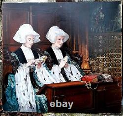 Painting Ancient Oil Portraits Women Hairdressing Prayer Signed