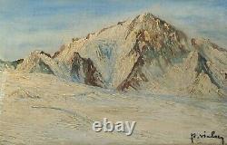 Painting, Ancient Painting Oil On Canvas 19th Signed, Landscape, Mountain, Winter