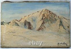 Painting, Ancient Painting Oil On Canvas 19th Signed, Landscape, Mountain, Winter