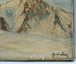 Painting, Ancient Painting Oil On Canvas 19th Signed, Landscape, Mountain, Winter