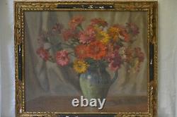 Painting Ancient Still Life Bouquet Of Oil Flowers On Canvas Louis Adami