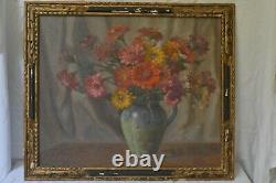 Painting Ancient Still Life Bouquet Of Oil Flowers On Canvas Louis Adami