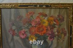 Painting Ancient Still Life Bouquet Of Oil Flowers On Canvas Louis Adami