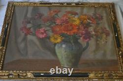 Painting Ancient Still Life Bouquet Of Oil Flowers On Canvas Louis Adami