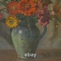 Painting Ancient Still Life Bouquet Of Oil Flowers On Canvas Louis Adami