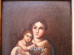 Painting Ancient Virgin To The Child Jesus Of The XVIII Century Oil On Canvas