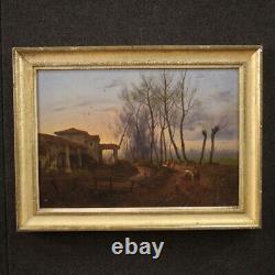 Painting: Antique oil on canvas 19th century landscape with characters