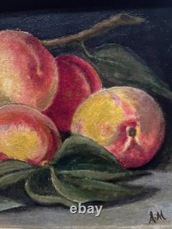 Painting Canvas Frame 19th Century Monog. A. M Still Life with Rare Old Peaches