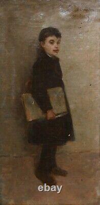 Painting Former Impressionist 1888 Portrait Child Boy Ecolier 44 X 22 Cms