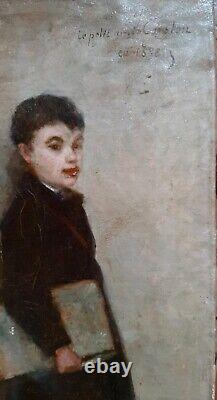 Painting Former Impressionist 1888 Portrait Child Boy Ecolier 44 X 22 Cms