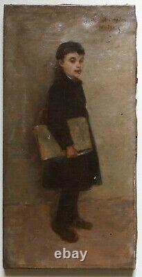 Painting Former Impressionist 1888 Portrait Child Boy Ecolier 44 X 22 Cms
