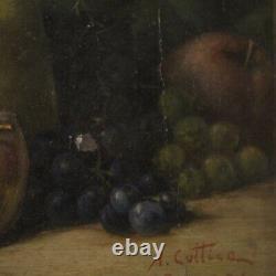 Painting Oil On Cardboard Still Life Fruits Style Old Frame 900