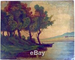 Painting Old Nineteenth Barbizon Animated Landscape With The Boat Oil On Canvas