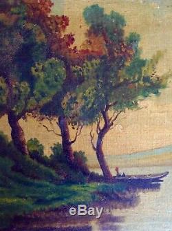 Painting Old Nineteenth Barbizon Animated Landscape With The Boat Oil On Canvas