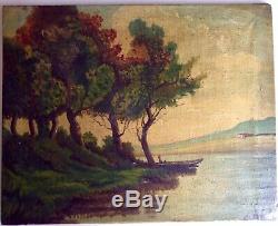 Painting Old Nineteenth Barbizon Animated Landscape With The Boat Oil On Canvas