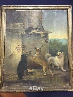 Painting Old Oil On Canvas Animals Dogs Cats Nineteenth